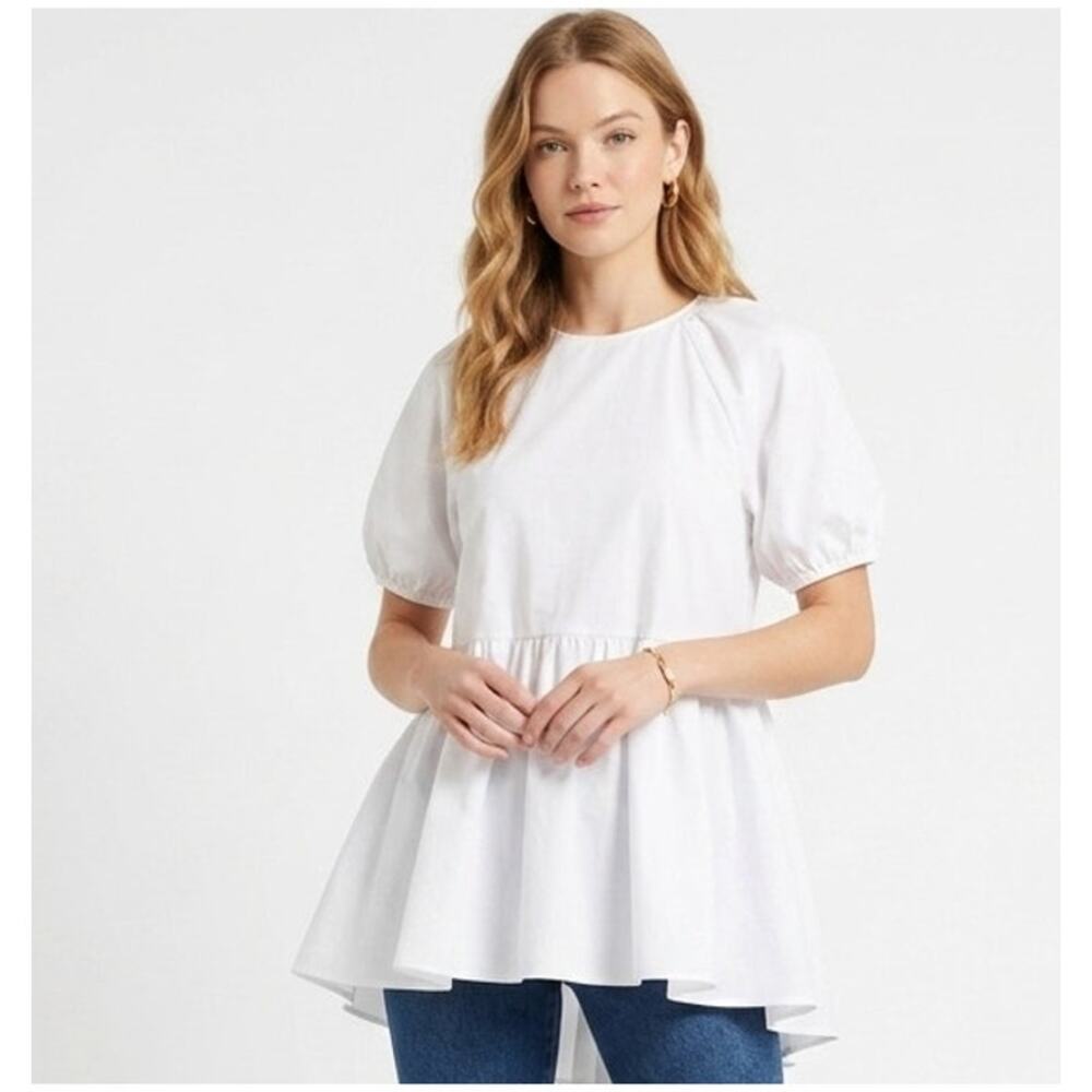 Hill House Francesca Baby Doll Top White High-low Short Sleeve 100% Cotton, XS